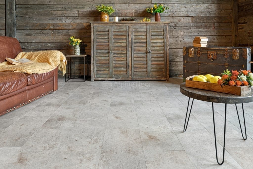 Плитка Alpine Floor Stone Зион ECO 4-24 в гостиной: SPC 4 мм, формат 609,6×304,8 мм под камень